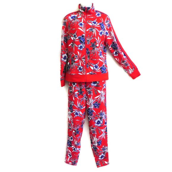 Massey's Track Set Hawaiian Floral Blue Red Pockets Zip Front Red Racing Stripes - Picture 1 of 14